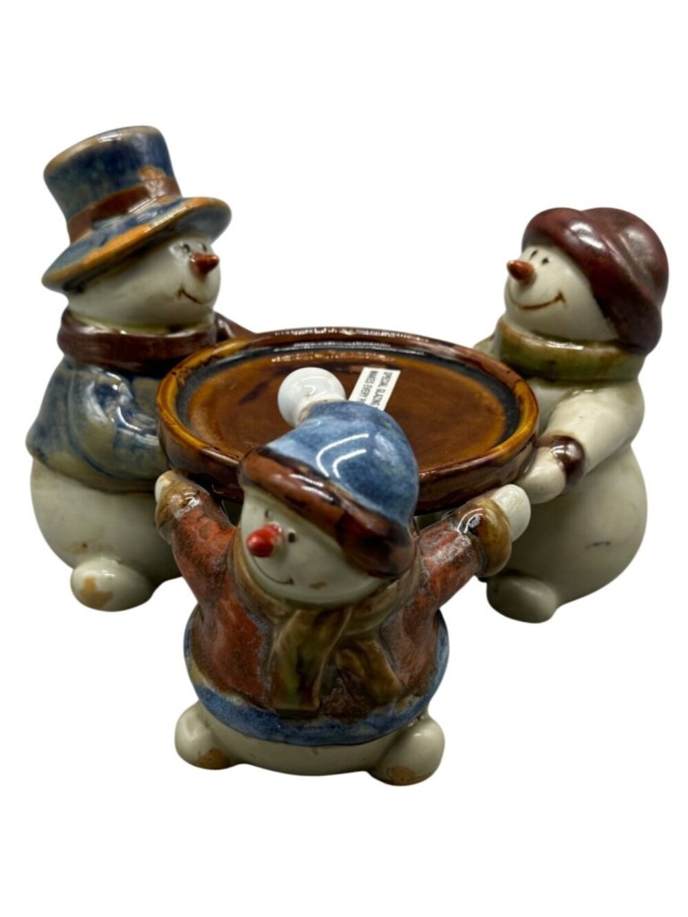 Vintage Holiday Christmas Snowman Ceramic Candle Holder Trio READ